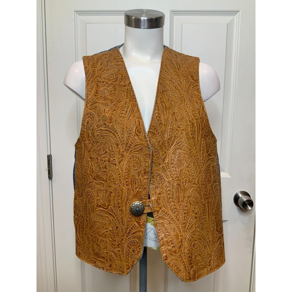 Jensen Smith Cowboy Code Brown Leather Blue Denim Western Vest, Size Large